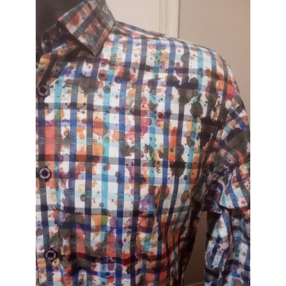 Visconti Black Colorful Splatter Abstract Checked Button Down L/S Shirt Small S - Picture 6 of 12